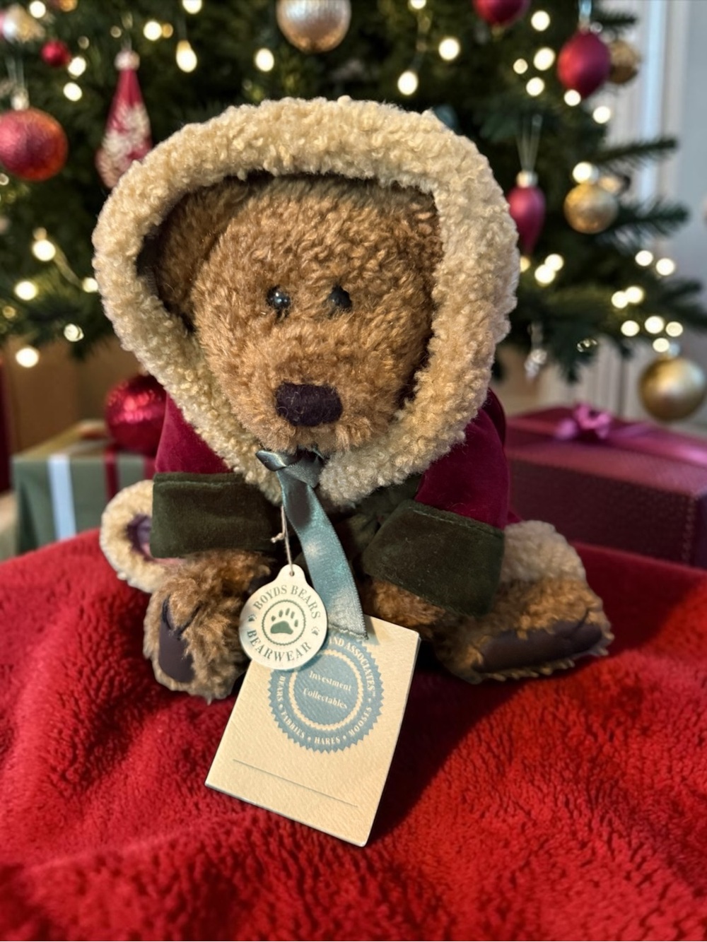 Boyds Bears Brown Teddy in Burgundy Hooded Coat
